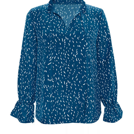 Ruffled Printed Tie Neck Long Sleeve Blouse - MimiStylez