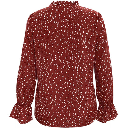 Ruffled Printed Tie Neck Long Sleeve Blouse - MimiStylez
