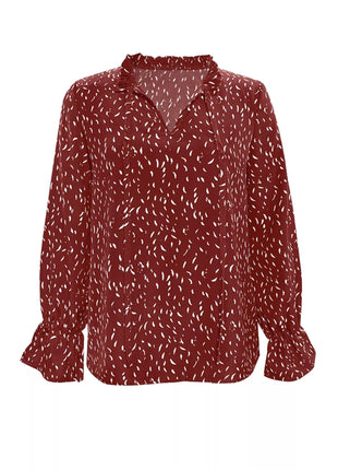 Ruffled Printed Tie Neck Long Sleeve Blouse - MimiStylez