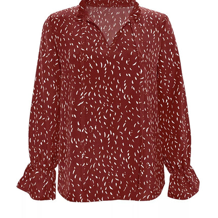 Ruffled Printed Tie Neck Long Sleeve Blouse - MimiStylez