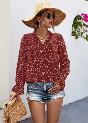Ruffled Printed Tie Neck Long Sleeve Blouse - MimiStylez