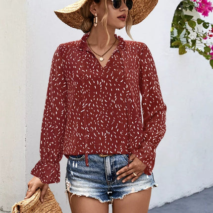 Ruffled Printed Tie Neck Long Sleeve Blouse - MimiStylez