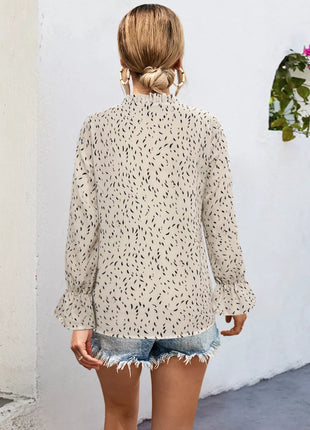 Ruffled Printed Tie Neck Long Sleeve Blouse - MimiStylez
