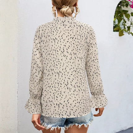 Ruffled Printed Tie Neck Long Sleeve Blouse - MimiStylez