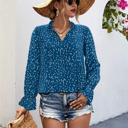Ruffled Printed Tie Neck Long Sleeve Blouse - MimiStylez