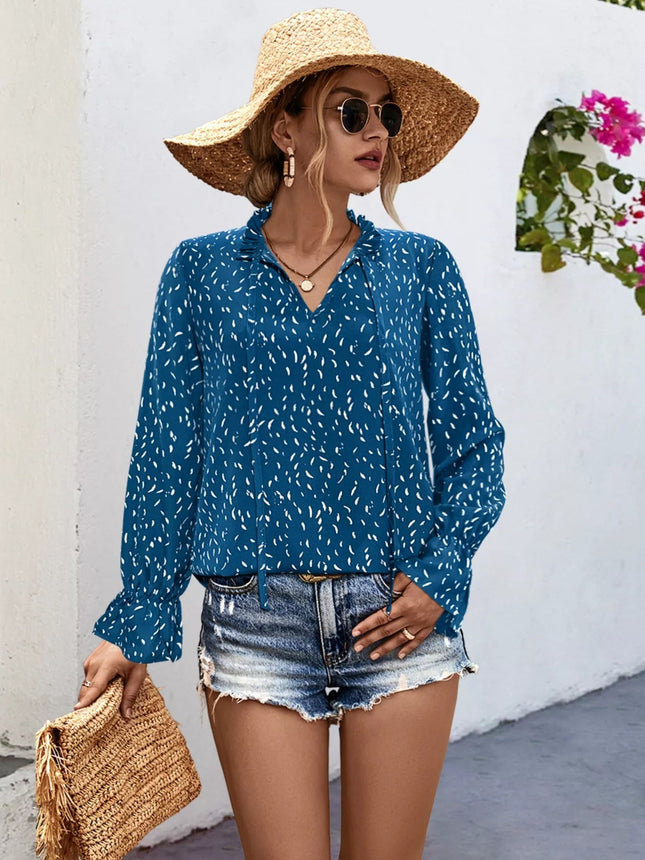 Ruffled Printed Tie Neck Long Sleeve Blouse - MimiStylez