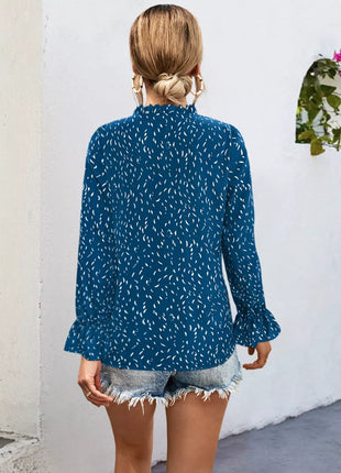 Ruffled Printed Tie Neck Long Sleeve Blouse - MimiStylez