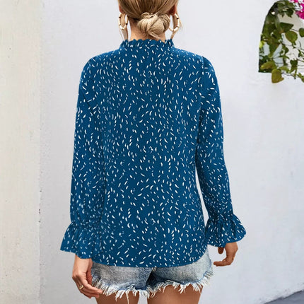 Ruffled Printed Tie Neck Long Sleeve Blouse - MimiStylez