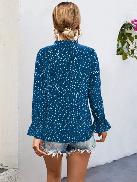 Ruffled Printed Tie Neck Long Sleeve Blouse - MimiStylez