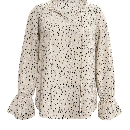 Ruffled Printed Tie Neck Long Sleeve Blouse - MimiStylez