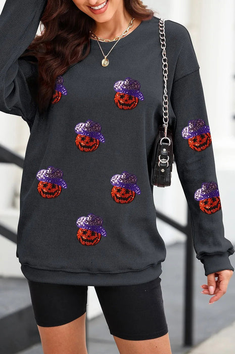 Sequin Pumpkin Long Sleeve Sweatshirt - MimiStylez