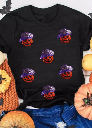 Sequin Pumpkin Round Neck Short Sleeve T-Shirt - MimiStylez