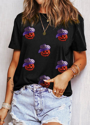 Sequin Pumpkin Round Neck Short Sleeve T-Shirt - MimiStylez