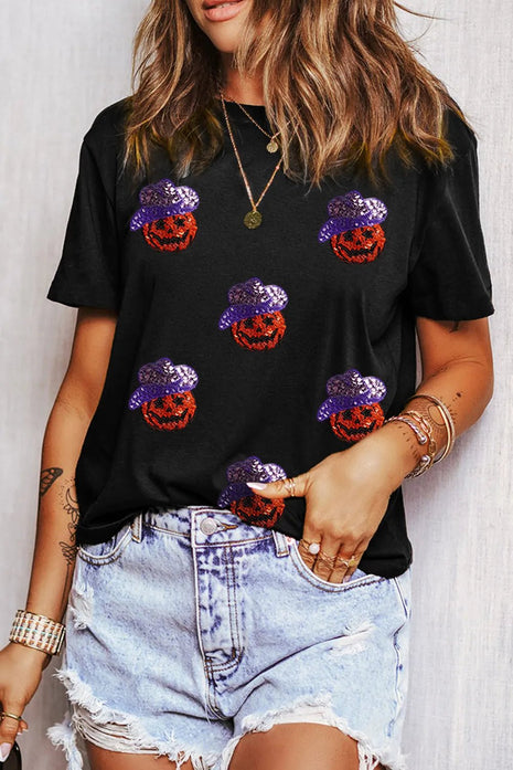 Sequin Pumpkin Round Neck Short Sleeve T-Shirt - MimiStylez