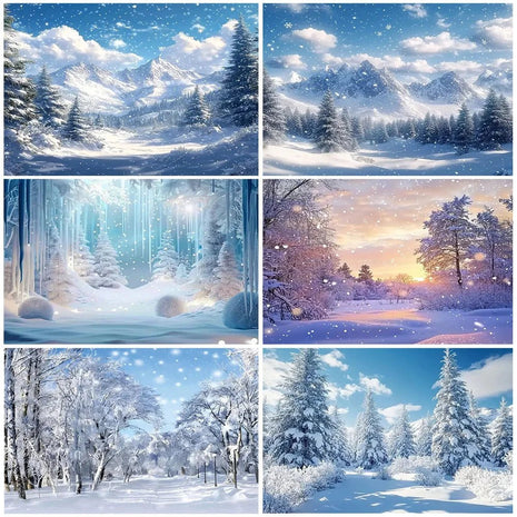 Snow Scene White Forest Art Style Backdrop Background Winter Christmas Backdrop - MimiStylez