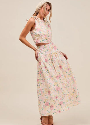 SO ME Floral Printed Woven Shoulder Bow Tie Top and Skirt Set - MimiStylez