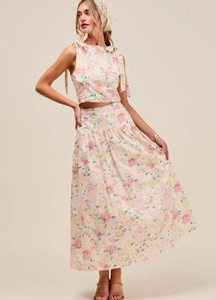 SO ME Floral Printed Woven Shoulder Bow Tie Top and Skirt Set - MimiStylez