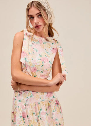 SO ME Floral Printed Woven Shoulder Bow Tie Top and Skirt Set - MimiStylez