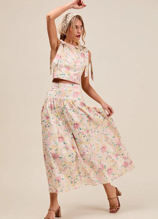 SO ME Floral Printed Woven Shoulder Bow Tie Top and Skirt Set - MimiStylez