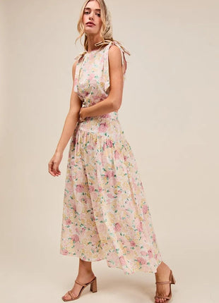 SO ME Floral Printed Woven Shoulder Bow Tie Top and Skirt Set - MimiStylez