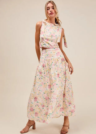 SO ME Floral Printed Woven Shoulder Bow Tie Top and Skirt Set - MimiStylez