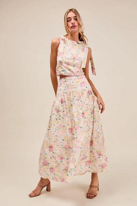 SO ME Floral Printed Woven Shoulder Bow Tie Top and Skirt Set - MimiStylez