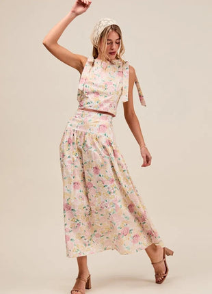 SO ME Floral Printed Woven Shoulder Bow Tie Top and Skirt Set - MimiStylez