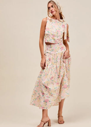SO ME Floral Printed Woven Shoulder Bow Tie Top and Skirt Set - MimiStylez