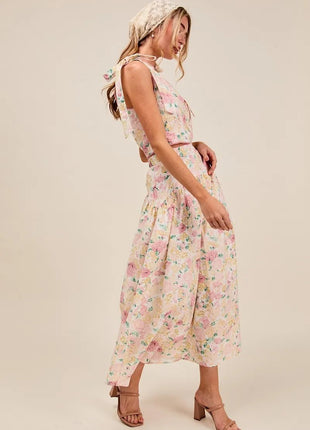 SO ME Floral Printed Woven Shoulder Bow Tie Top and Skirt Set - MimiStylez