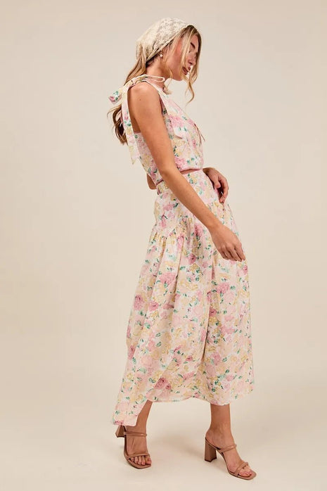SO ME Floral Printed Woven Shoulder Bow Tie Top and Skirt Set - MimiStylez