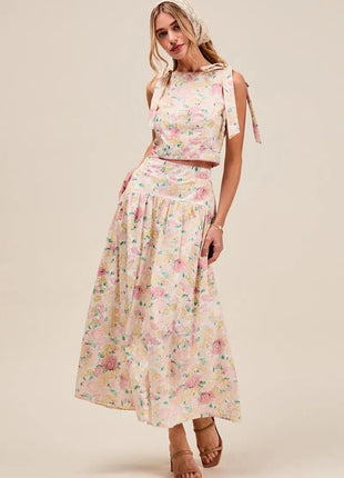 SO ME Floral Printed Woven Shoulder Bow Tie Top and Skirt Set - MimiStylez