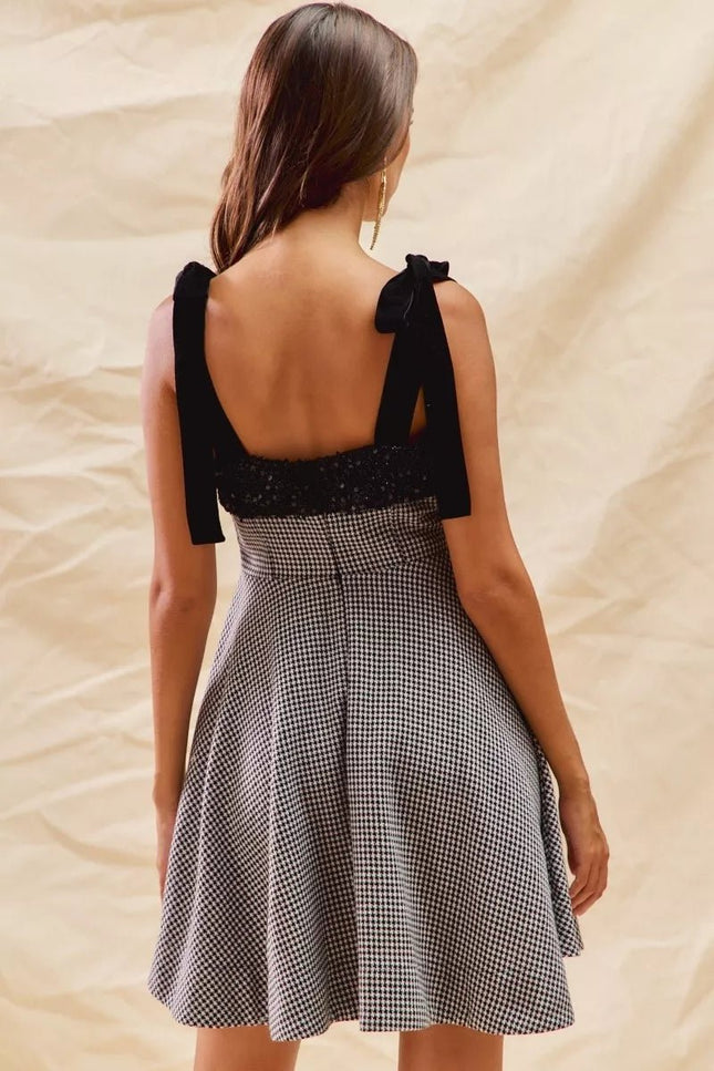 SO ME Houndstooth Fit Flare Mini Dress with Shoulder Tie - MimiStylez