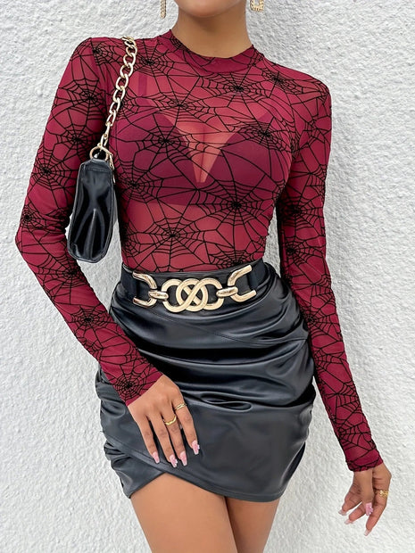 Spider Web Print Long Sleeve Blouse - MimiStylez