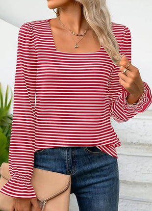 Striped Long Sleeve T-Shirt with Square Neckline - MimiStylez