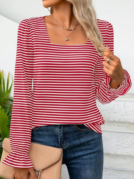 Striped Long Sleeve T-Shirt with Square Neckline - MimiStylez