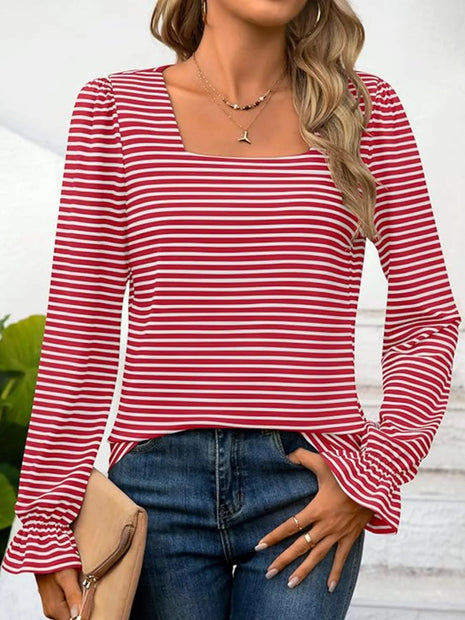 Striped Long Sleeve T-Shirt with Square Neckline - MimiStylez