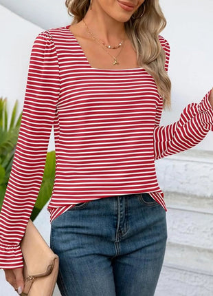 Striped Long Sleeve T-Shirt with Square Neckline - MimiStylez