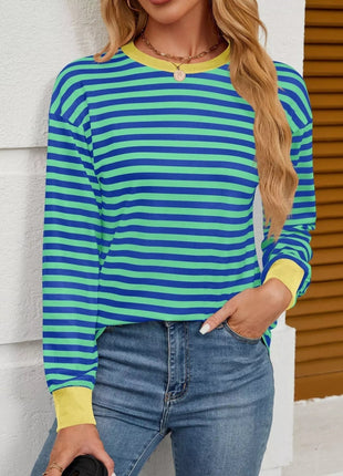 Striped Round Neck Long Sleeve T-Shirt - MimiStylez