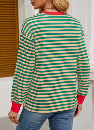 Striped Round Neck Long Sleeve T-Shirt - MimiStylez