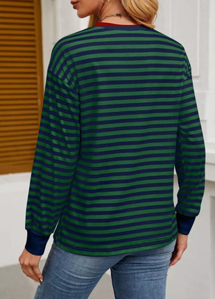 Striped Round Neck Long Sleeve T-Shirt - MimiStylez