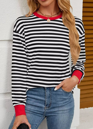 Striped Round Neck Long Sleeve T-Shirt - MimiStylez