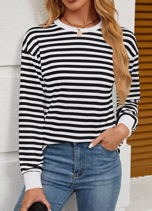 Striped Round Neck Long Sleeve T-Shirt - MimiStylez
