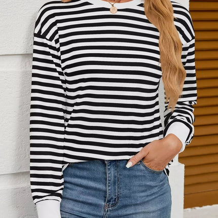 Striped Round Neck Long Sleeve T-Shirt - MimiStylez