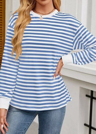 Striped Round Neck Long Sleeve T-Shirt - MimiStylez