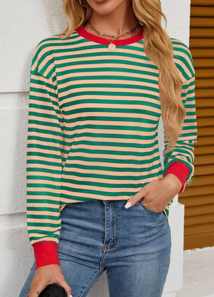 Striped Round Neck Long Sleeve T-Shirt - MimiStylez