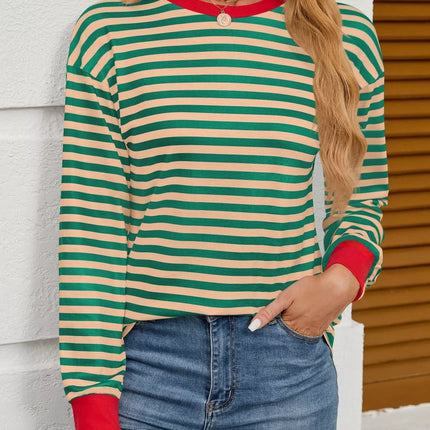 Striped Round Neck Long Sleeve T-Shirt - MimiStylez