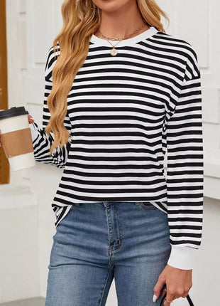 Striped Round Neck Long Sleeve T-Shirt - MimiStylez