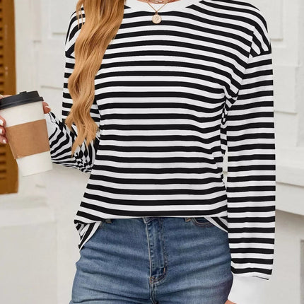 Striped Round Neck Long Sleeve T-Shirt - MimiStylez