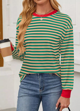 Striped Round Neck Long Sleeve T-Shirt - MimiStylez