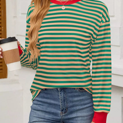 Striped Round Neck Long Sleeve T-Shirt - MimiStylez